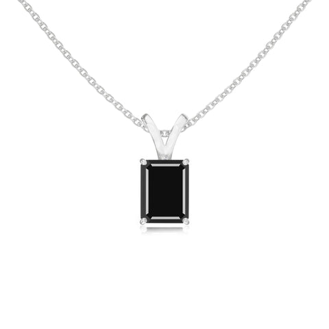 Natural Black Onyx Emerald-Cut Solitaire V-Bale Pendant Necklace with 18" Chain