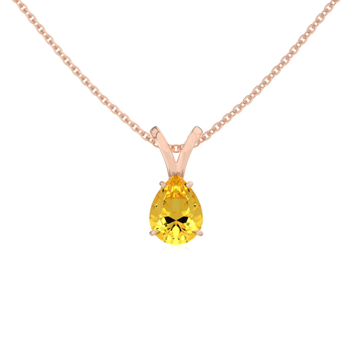 lab grown yellow-sapphire pear solitaire v-bale necklaces in rose gold 
