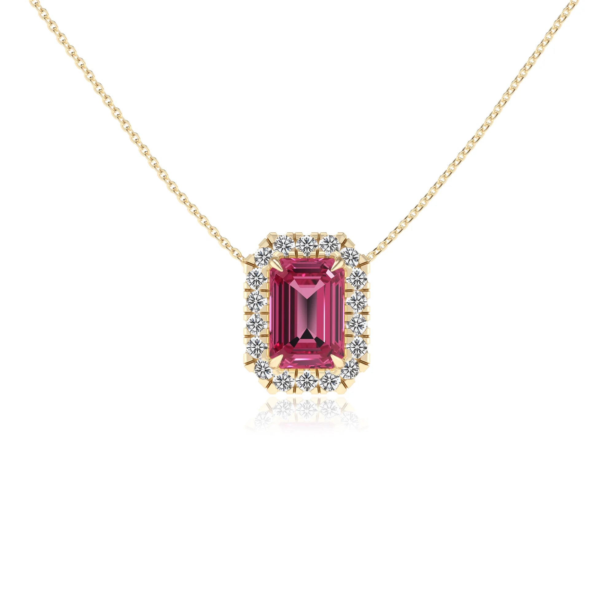 lab grown pink tourmaline emerald cut solitaire necklaces in yellow gold 