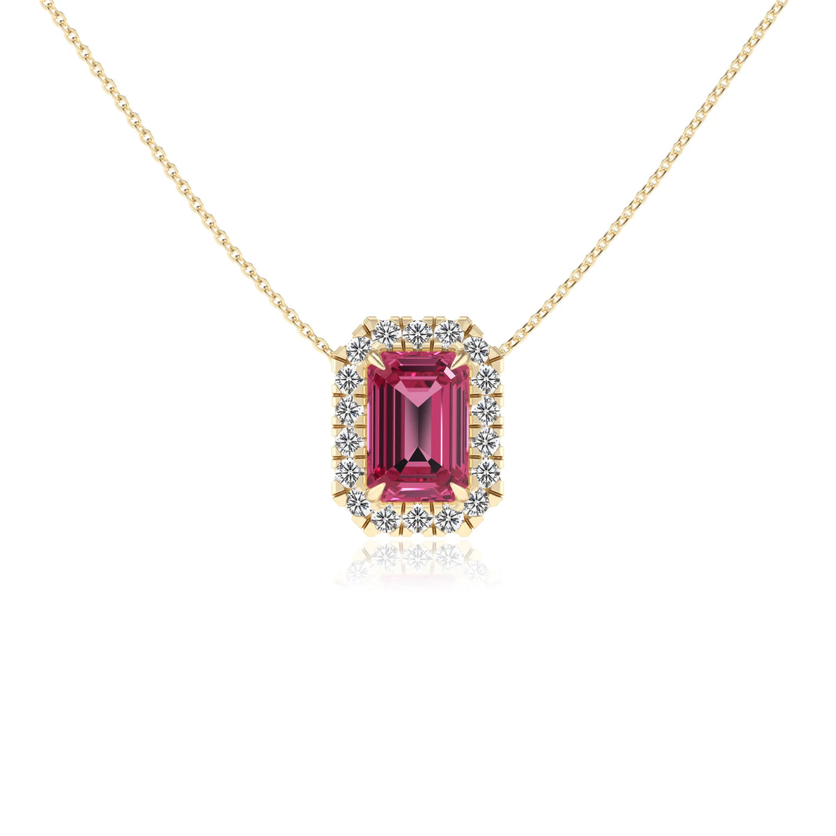 lab grown pink tourmaline emerald cut solitaire necklaces in yellow gold 