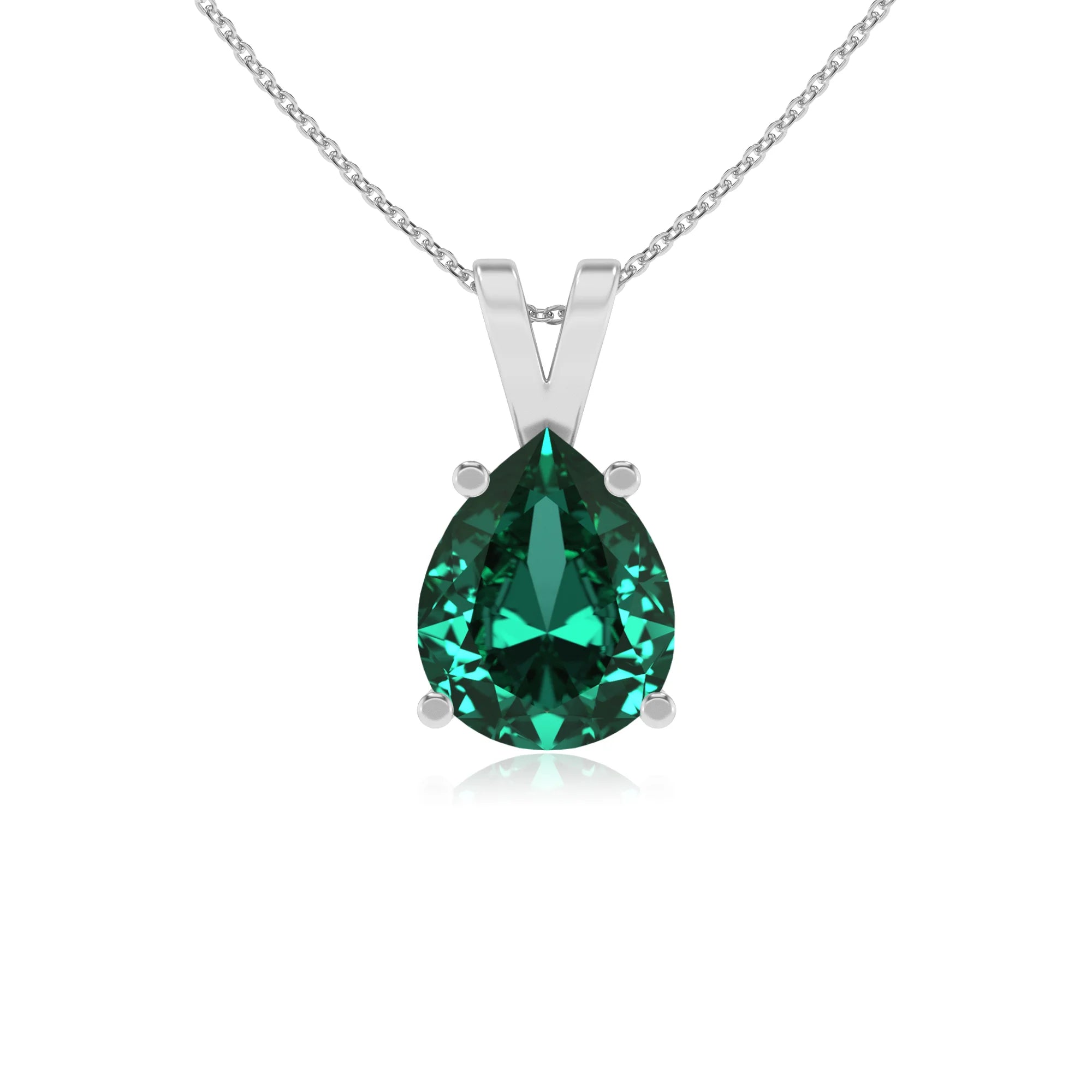 lab grown emerald pear solitaire v-bale necklaces in white gold 