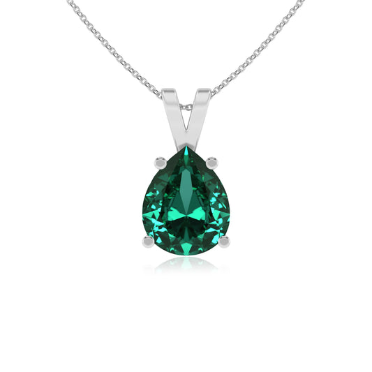 lab grown emerald pear solitaire v-bale necklaces in white gold 