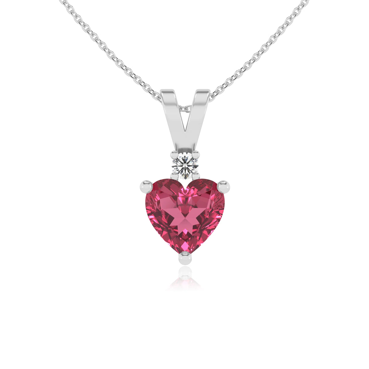 lab grown pink-tourmaline heart solitaire v-bale necklaces in white gold 