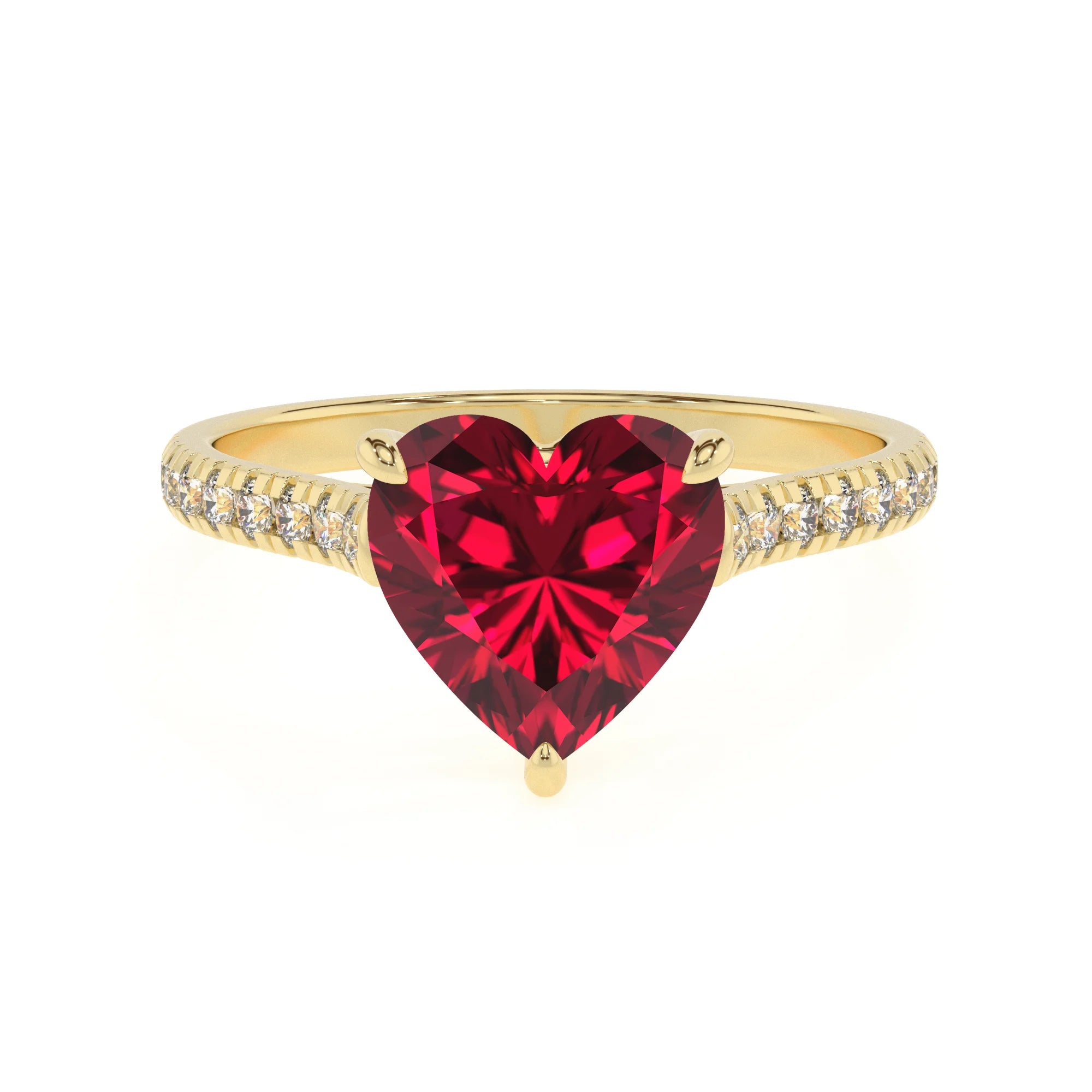 lab grown ruby heart half eternity solitaire engagement rings in yellow gold 