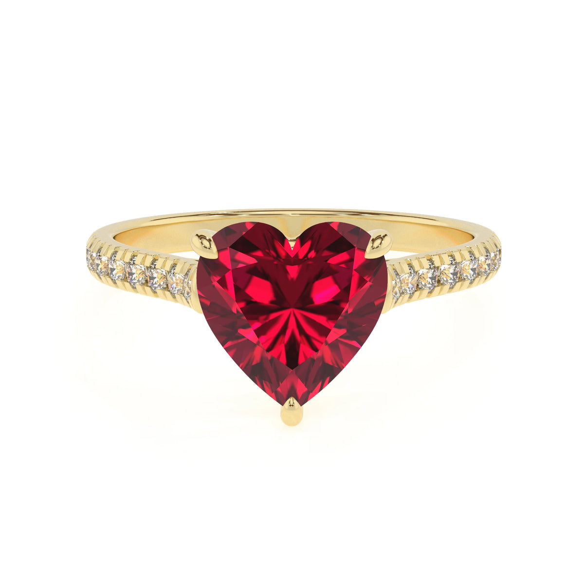 lab grown ruby heart half eternity solitaire engagement rings in yellow gold 
