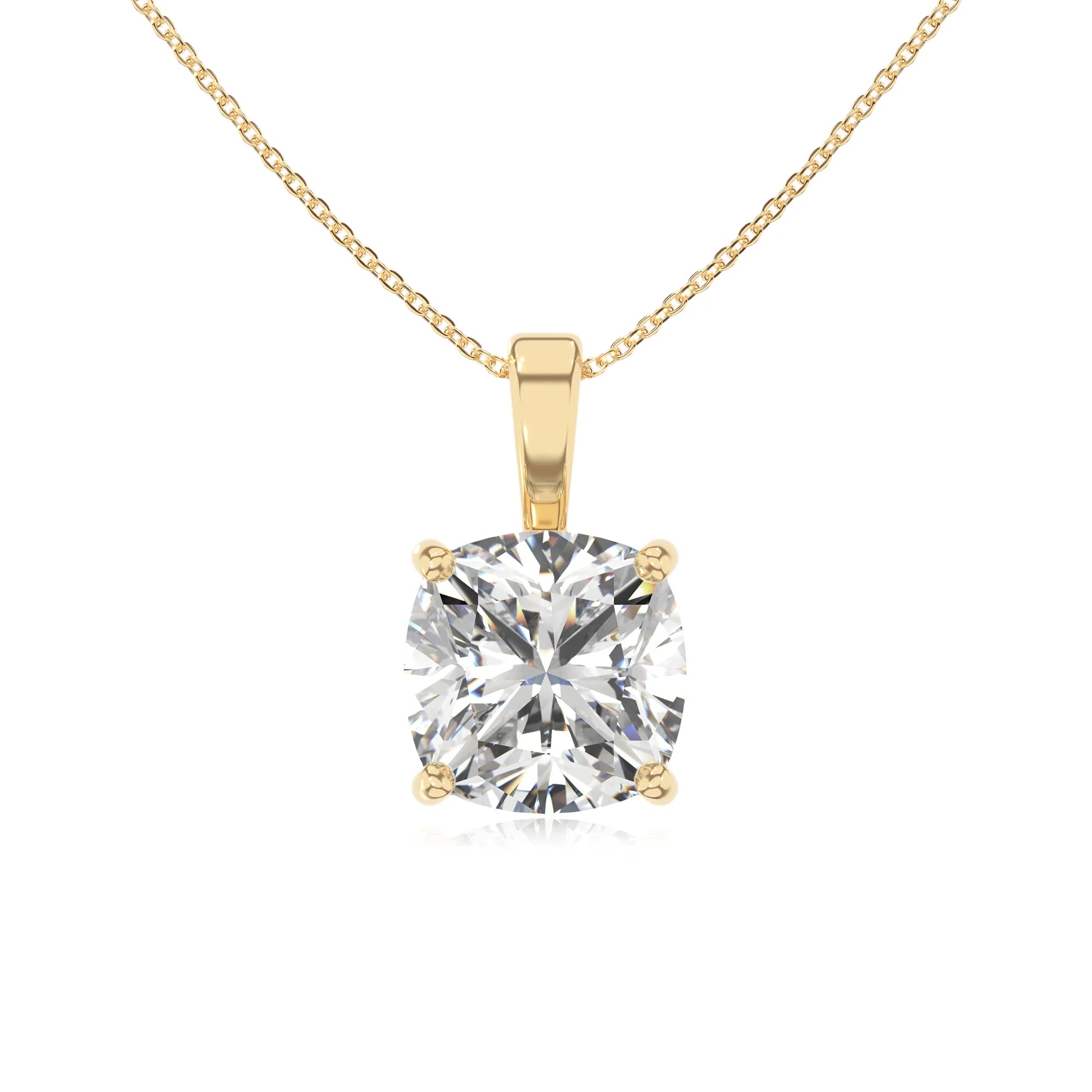 lab grown moissanite cushion solitaire necklaces in yellow gold 