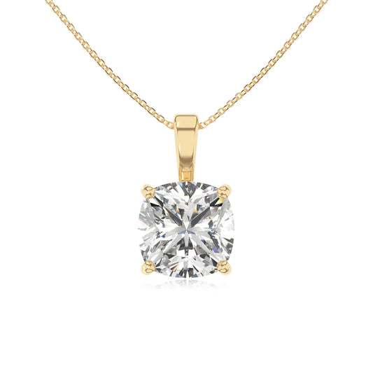 lab grown moissanite cushion solitaire necklaces in yellow gold 