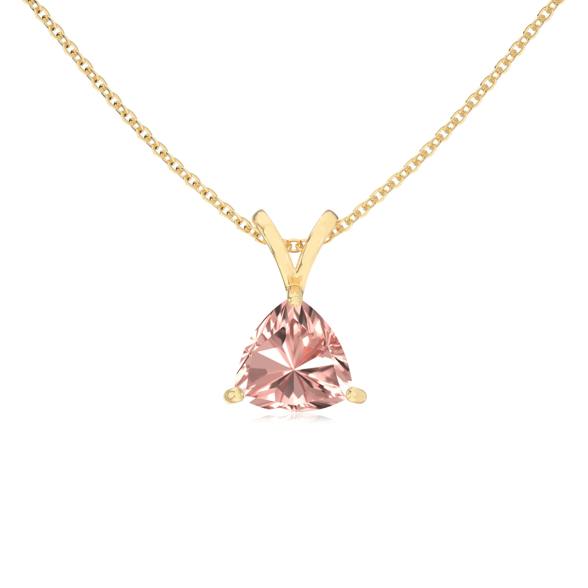 lab grown morganite trillion solitaire v-bale necklaces in yellow gold 