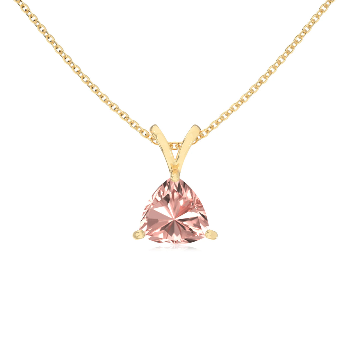 lab grown morganite trillion solitaire v-bale necklaces in yellow gold 