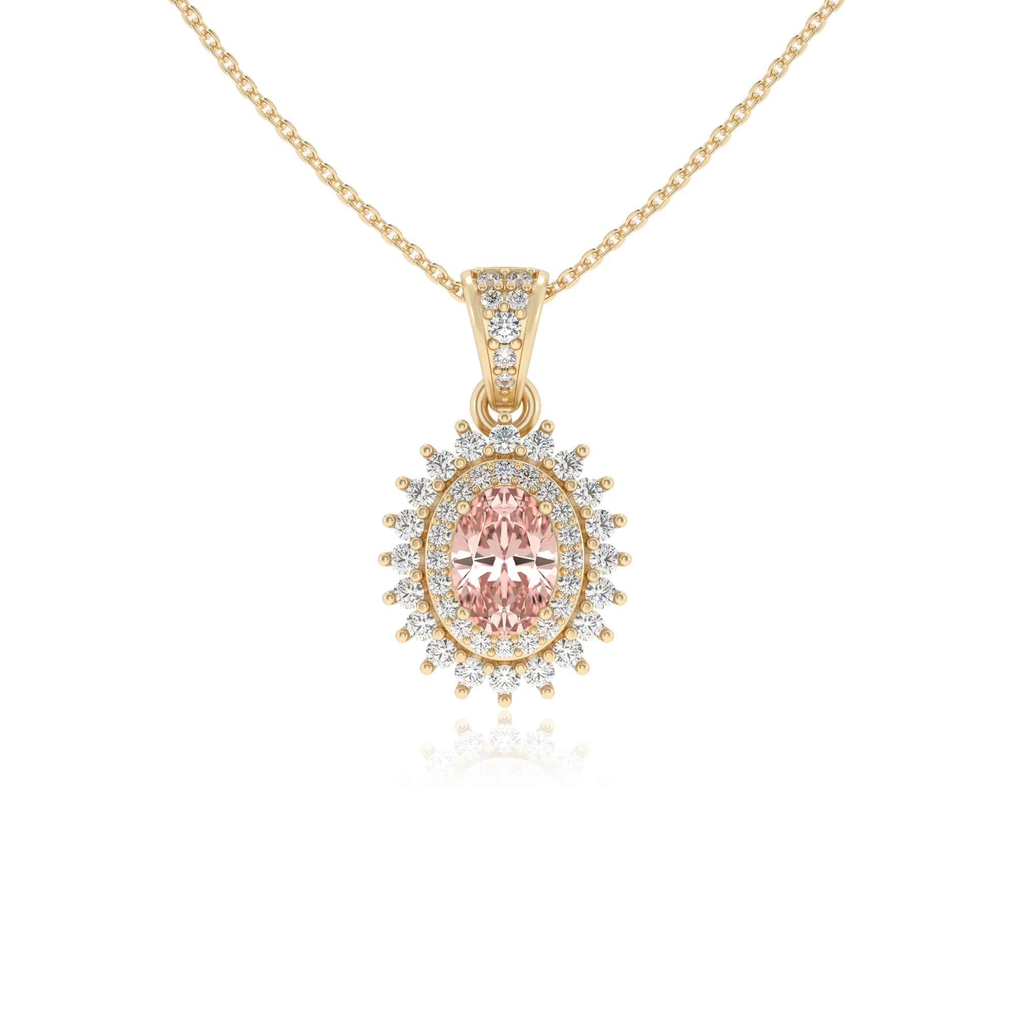 lab grown morganite oval halo necklaces in yellow gold 