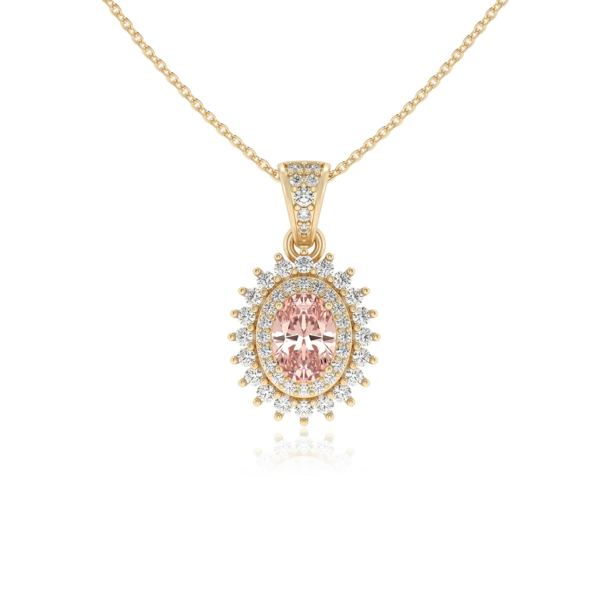 lab grown morganite oval halo necklaces in yellow gold 