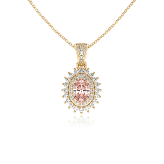 lab grown morganite oval halo necklaces in yellow gold 