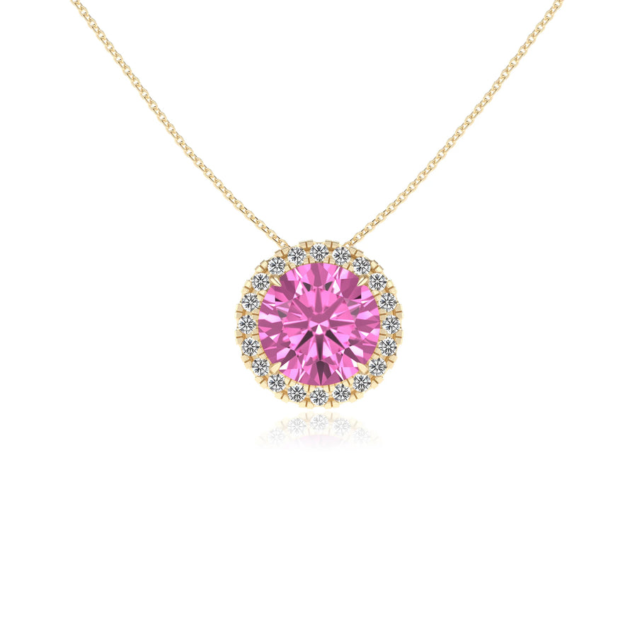 lab grown pink sapphire round solitaire necklaces in yellow gold 