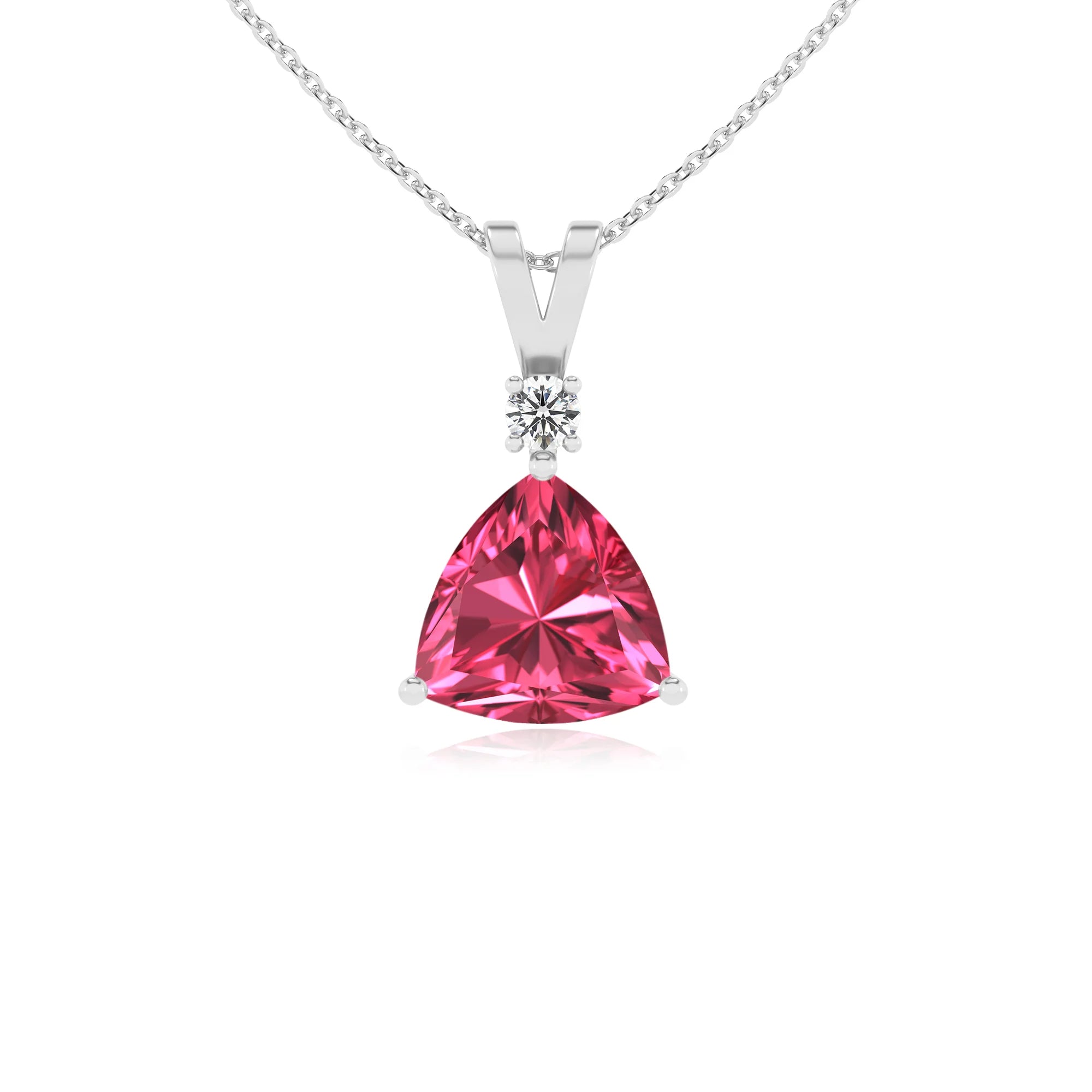lab grown pink-tourmaline trillion solitaire v-bale necklaces in white gold 