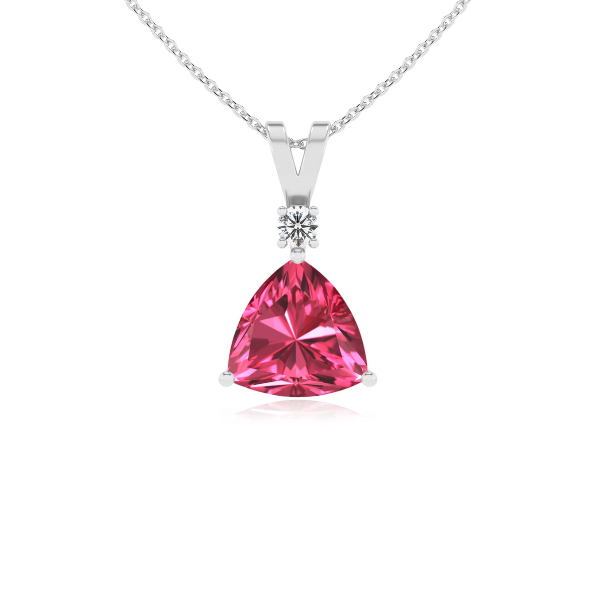 lab grown pink-tourmaline trillion solitaire v-bale necklaces in white gold 