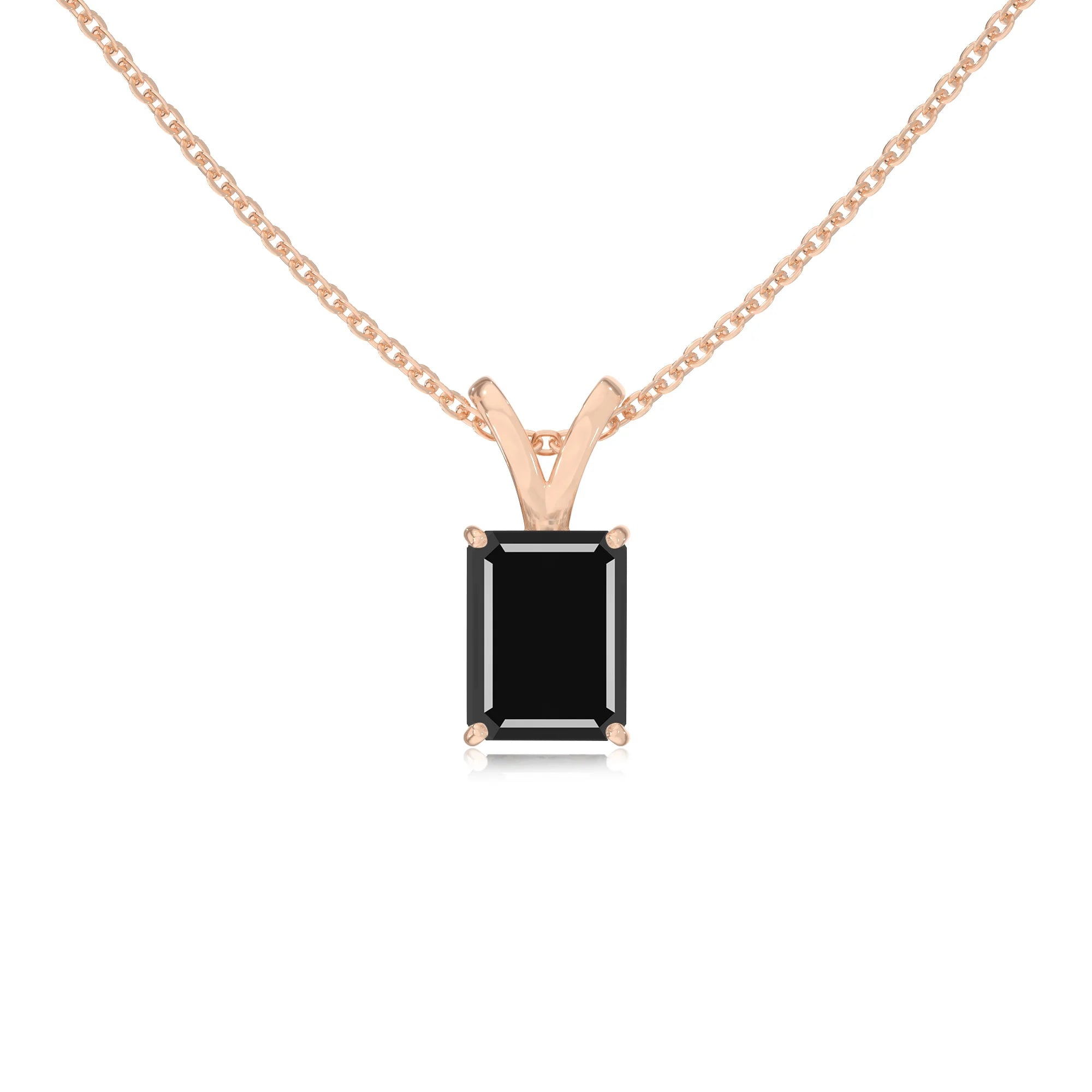 natural black-onyx emerald cut solitaire v-bale necklaces in rose gold 