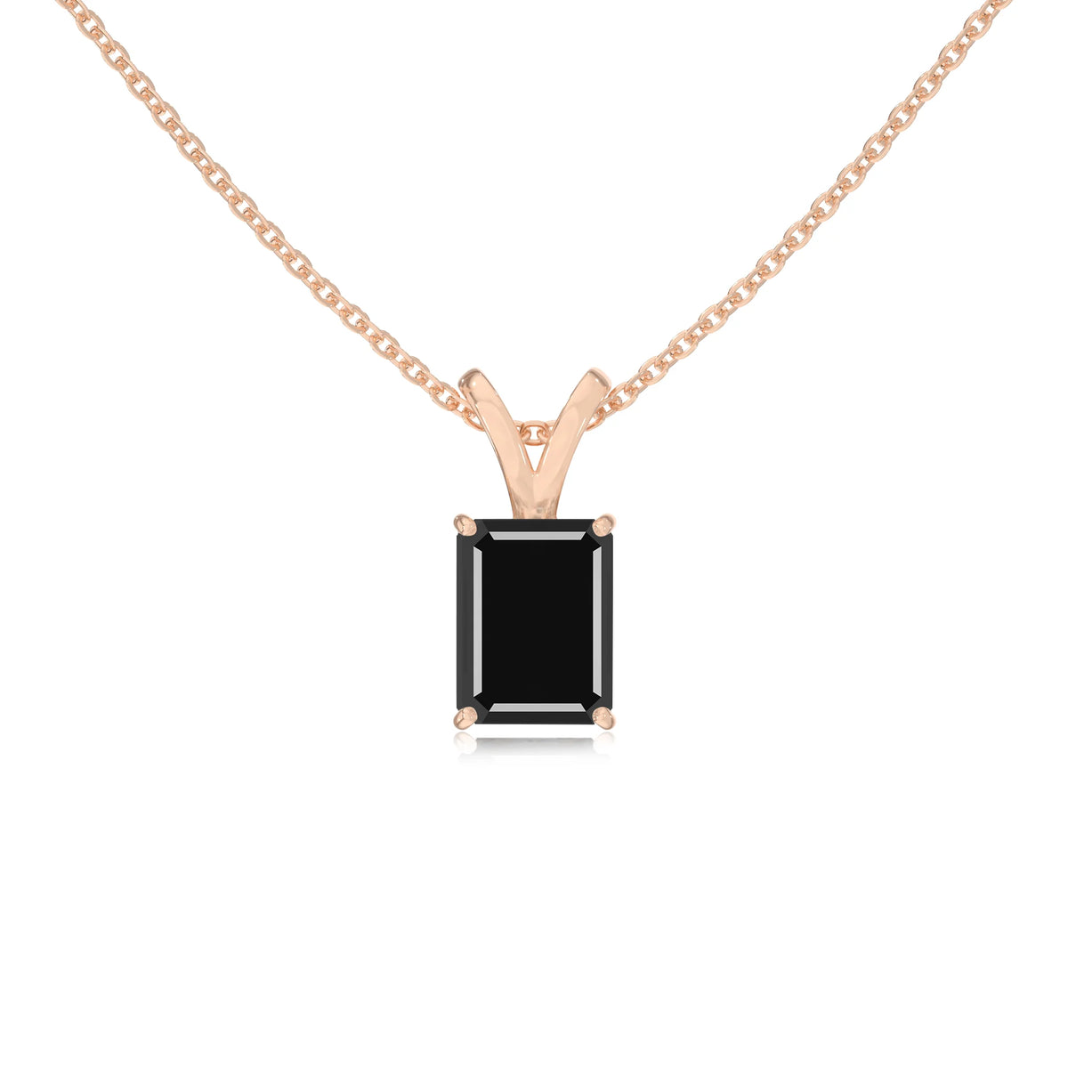 natural black-onyx emerald cut solitaire v-bale necklaces in rose gold 