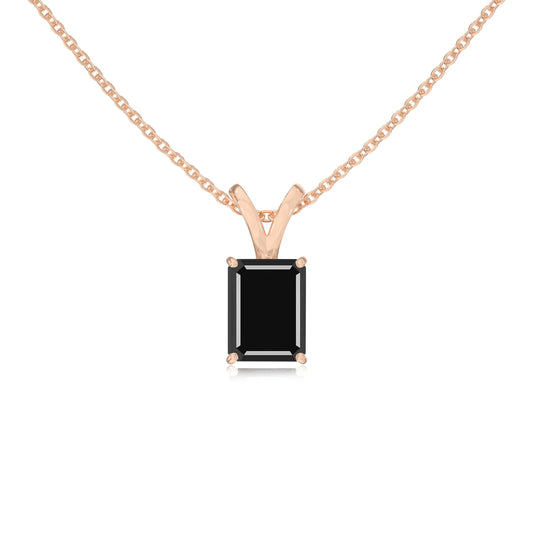 natural black-onyx emerald cut solitaire v-bale necklaces in rose gold 