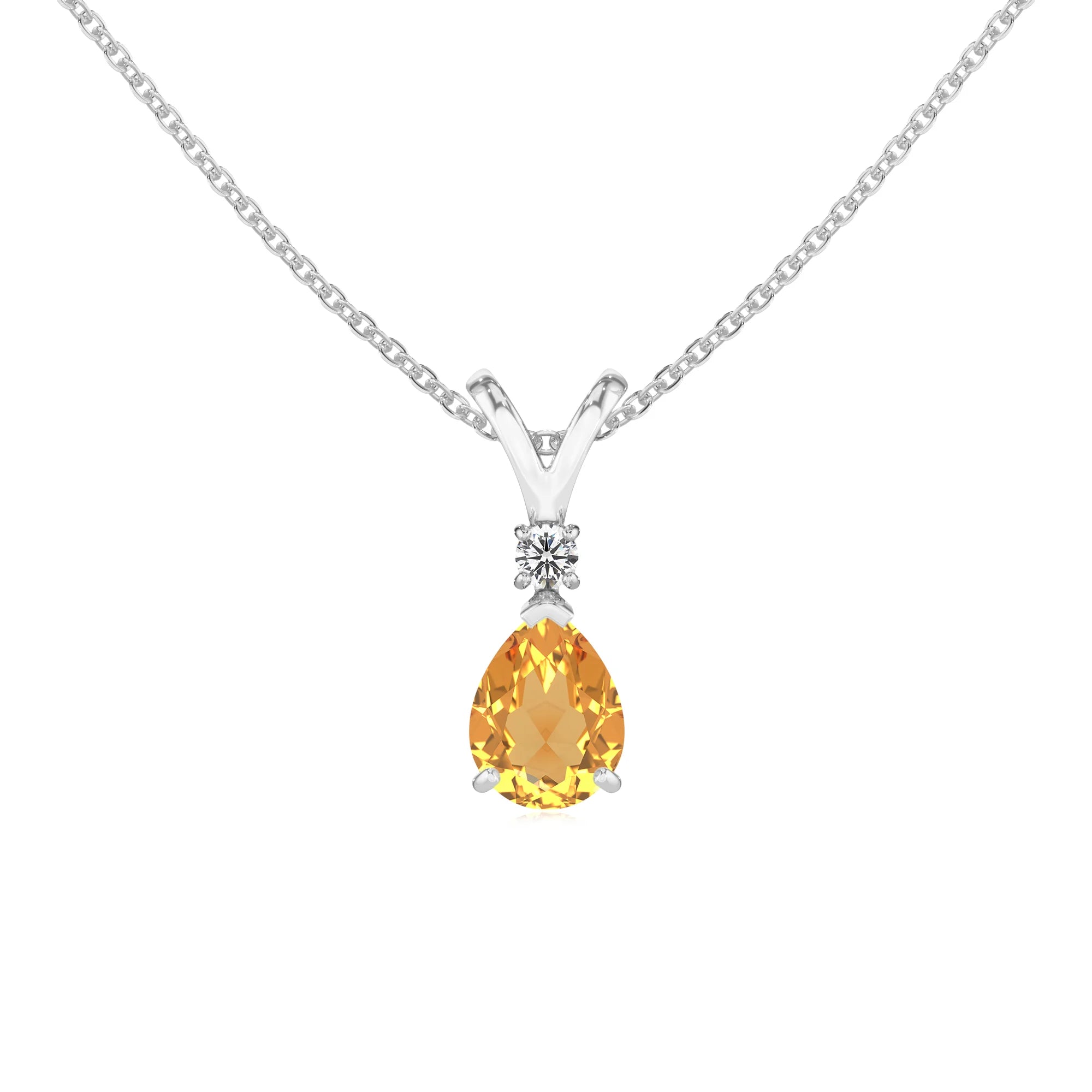 lab grown citrine pear solitaire v-bale necklaces in white gold 