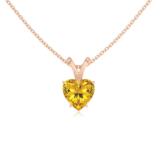 lab grown yellow-sapphire heart solitaire v-bale necklaces in rose gold 