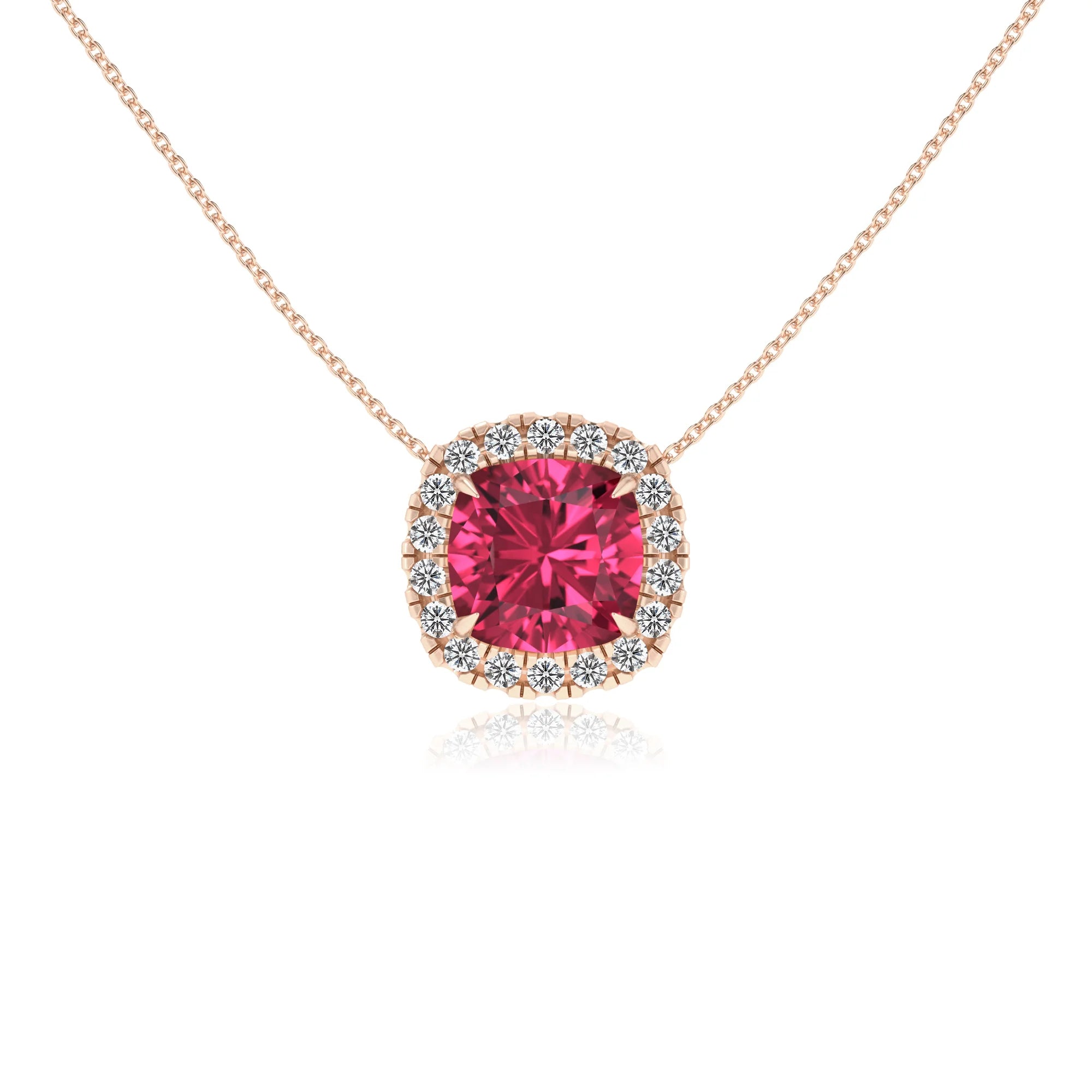 lab grown pink tourmaline cushion solitaire necklaces in rose gold 