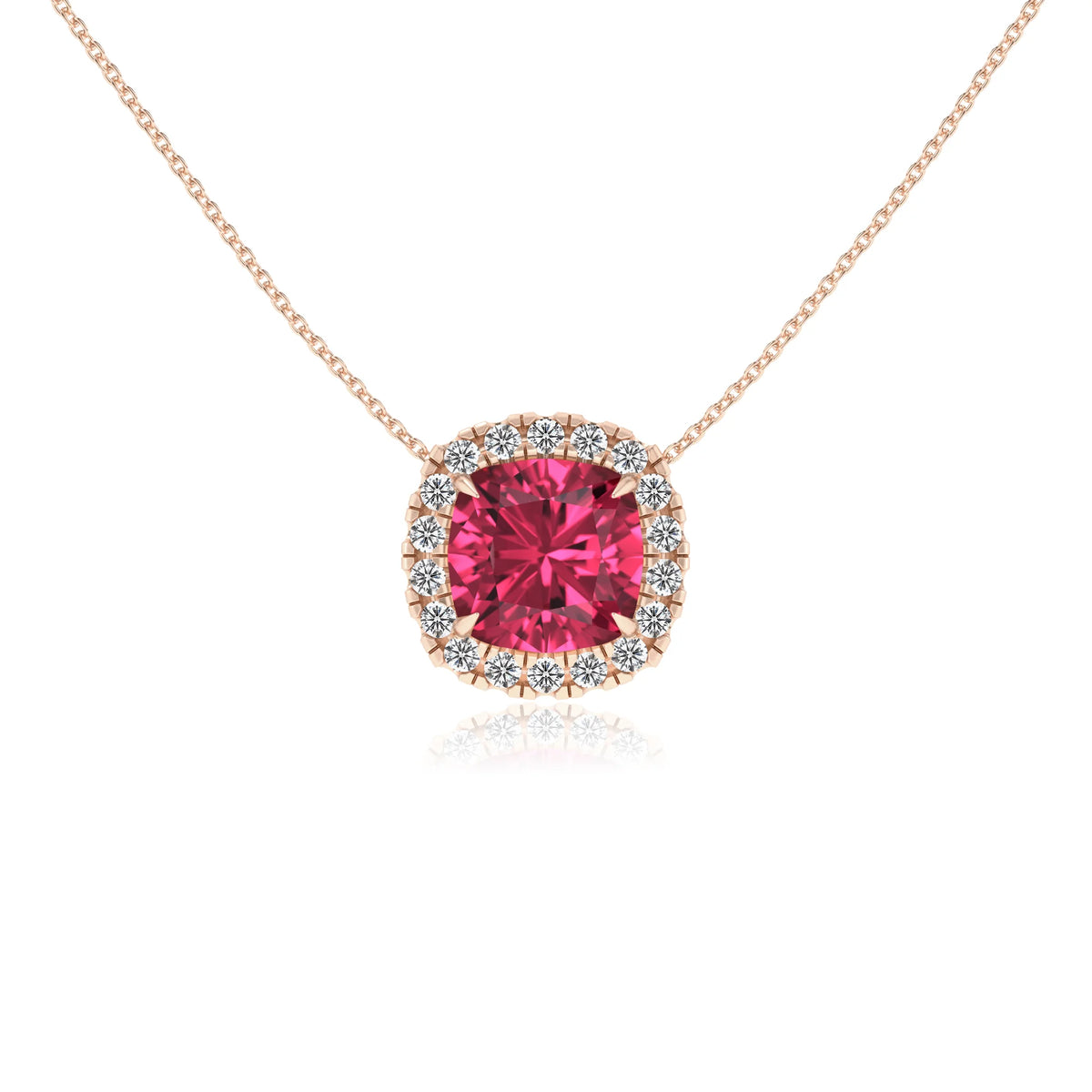 lab grown pink tourmaline cushion solitaire necklaces in rose gold 