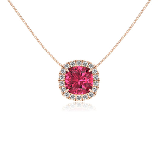 lab grown pink tourmaline cushion solitaire necklaces in rose gold 