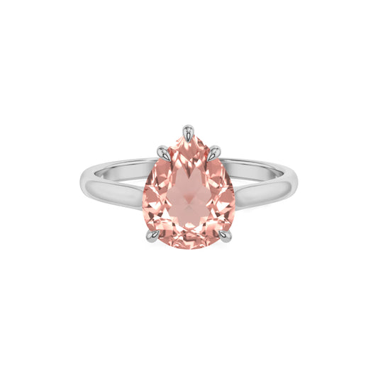 lab grown morganite pear solitaire rings in white gold 