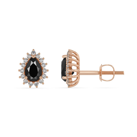 natural black onyx pear stud earrings in rose gold 