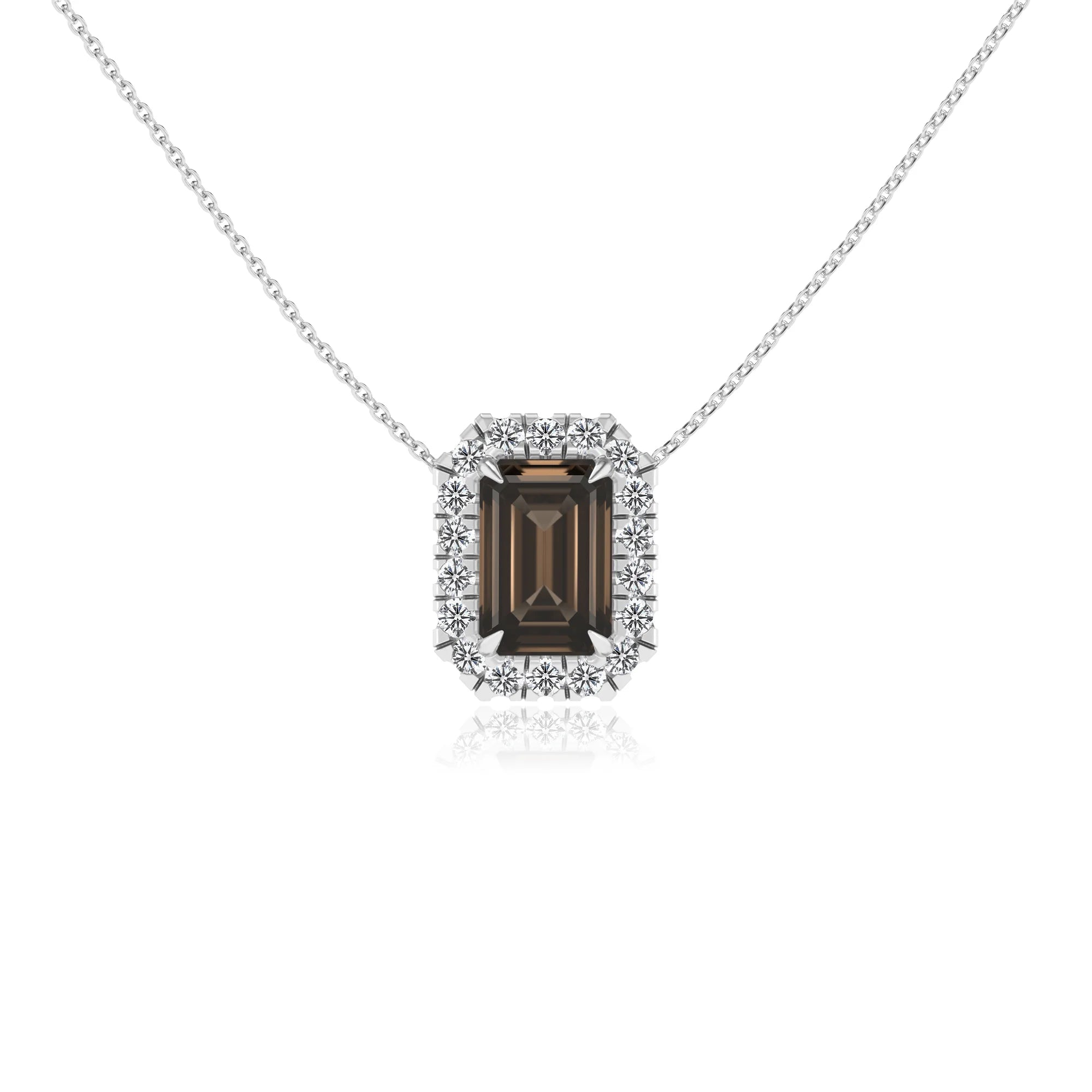 natural smoky quartz emerald cut solitaire necklaces in white gold 