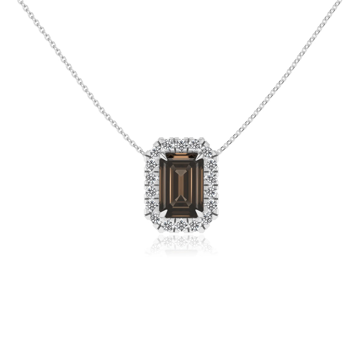 natural smoky quartz emerald cut solitaire necklaces in white gold 