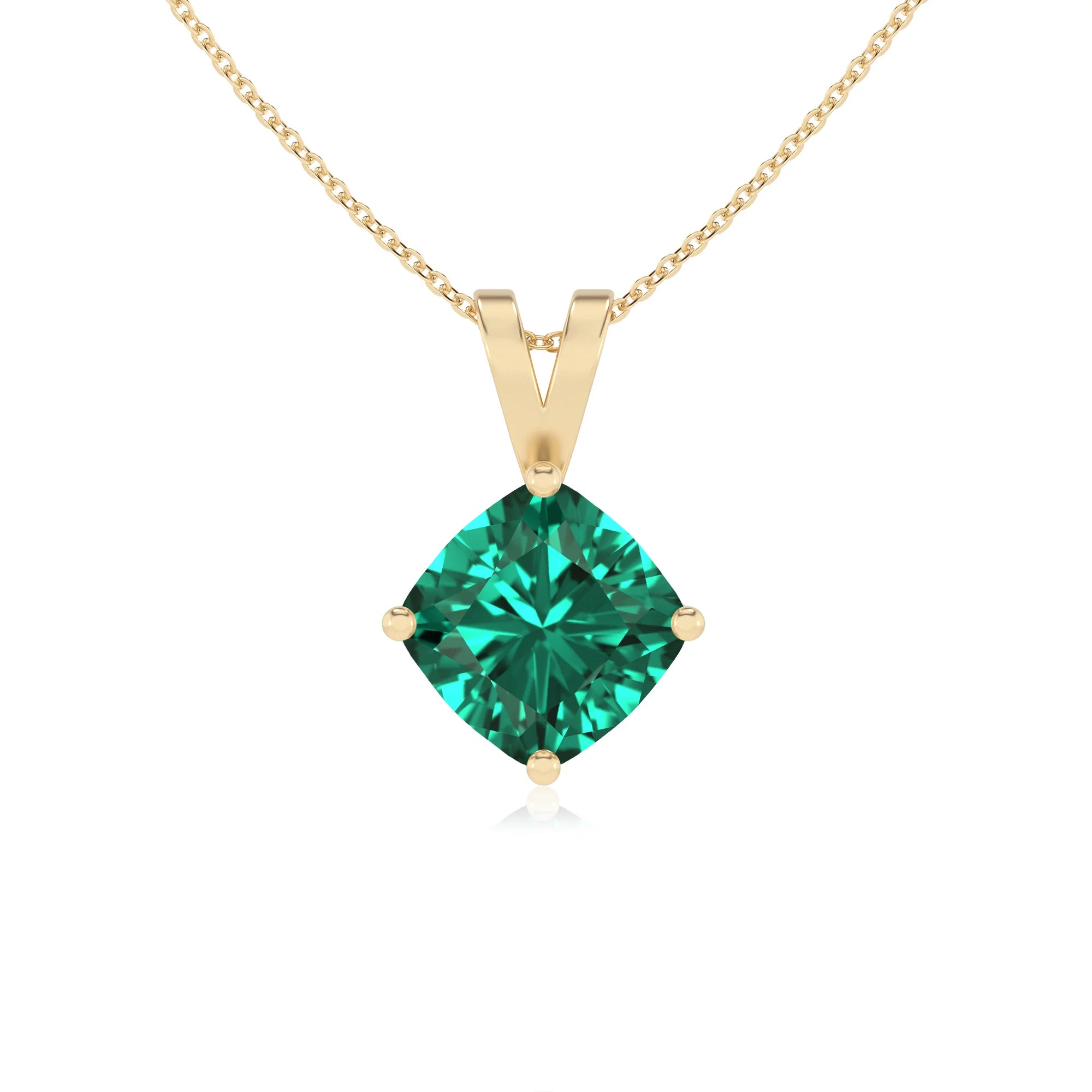 lab grown emerald cushion solitaire v-bale necklaces in yellow gold 