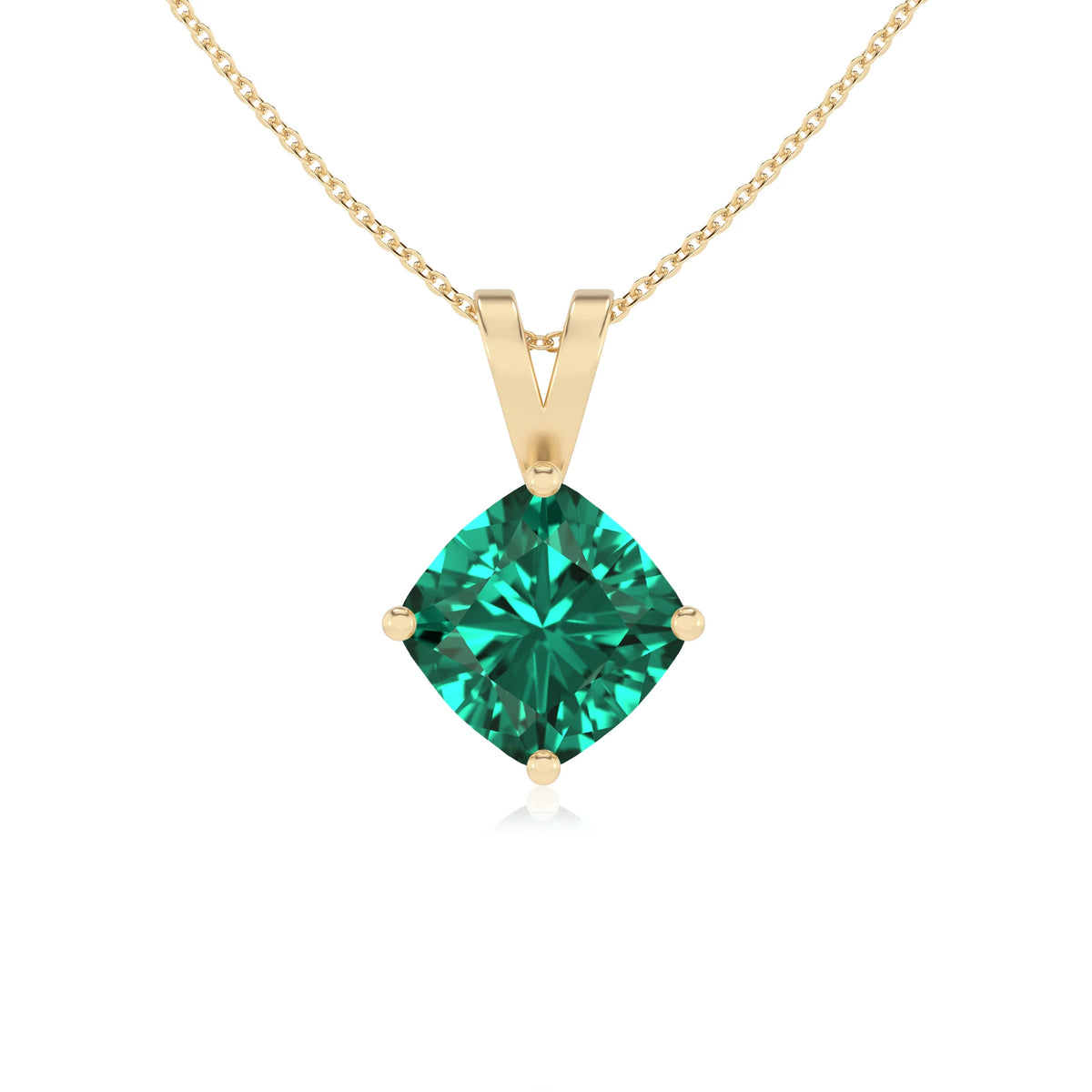 lab grown emerald cushion solitaire v-bale necklaces in yellow gold 