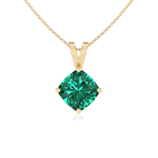 lab grown emerald cushion solitaire v-bale necklaces in yellow gold 