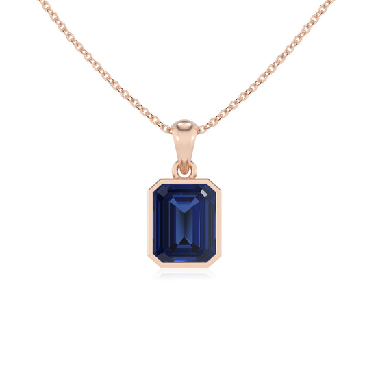 lab grown blue-sapphire emerald cut solitaire necklaces in rose gold 
