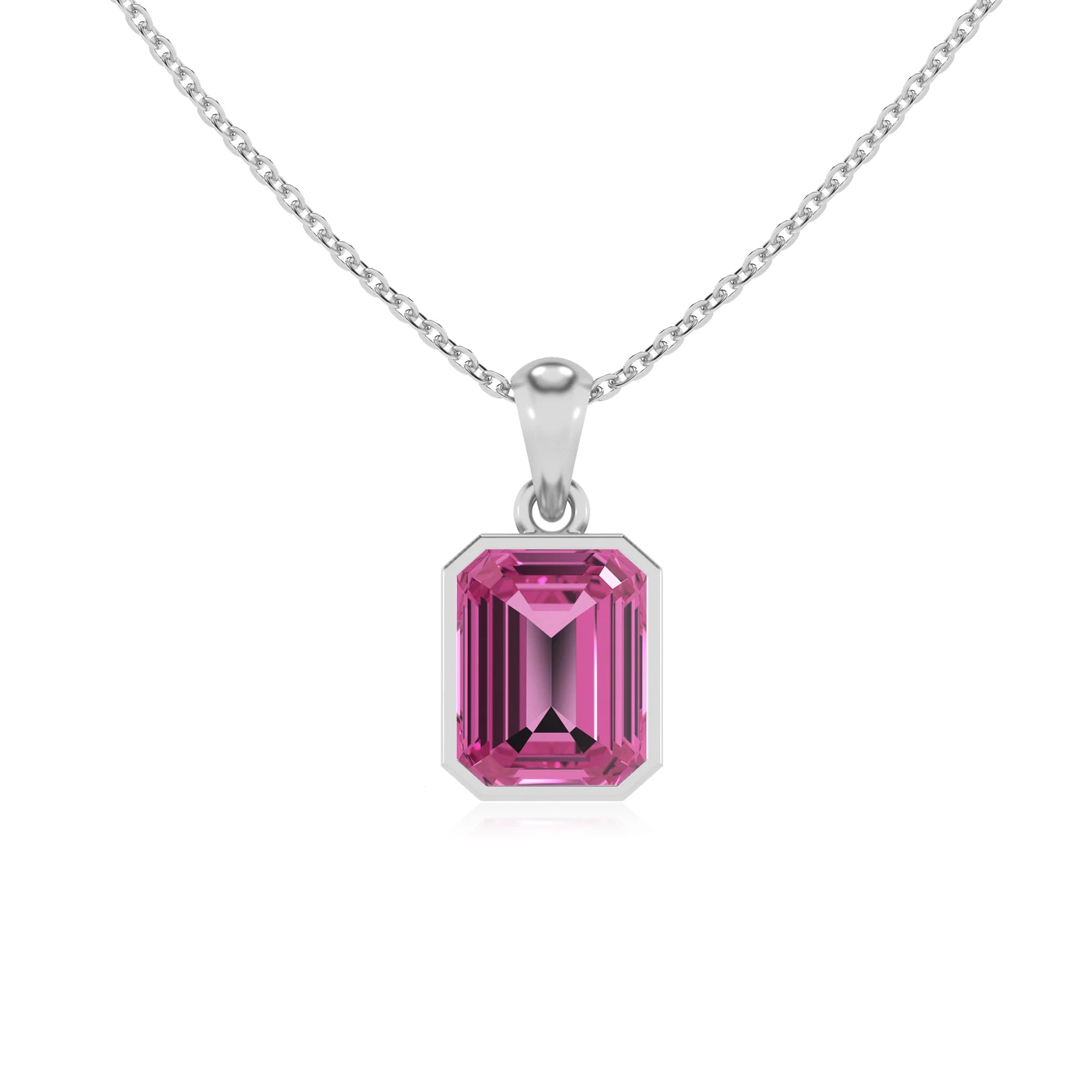 lab grown pink-sapphire emerald cut solitaire necklaces in white gold 
