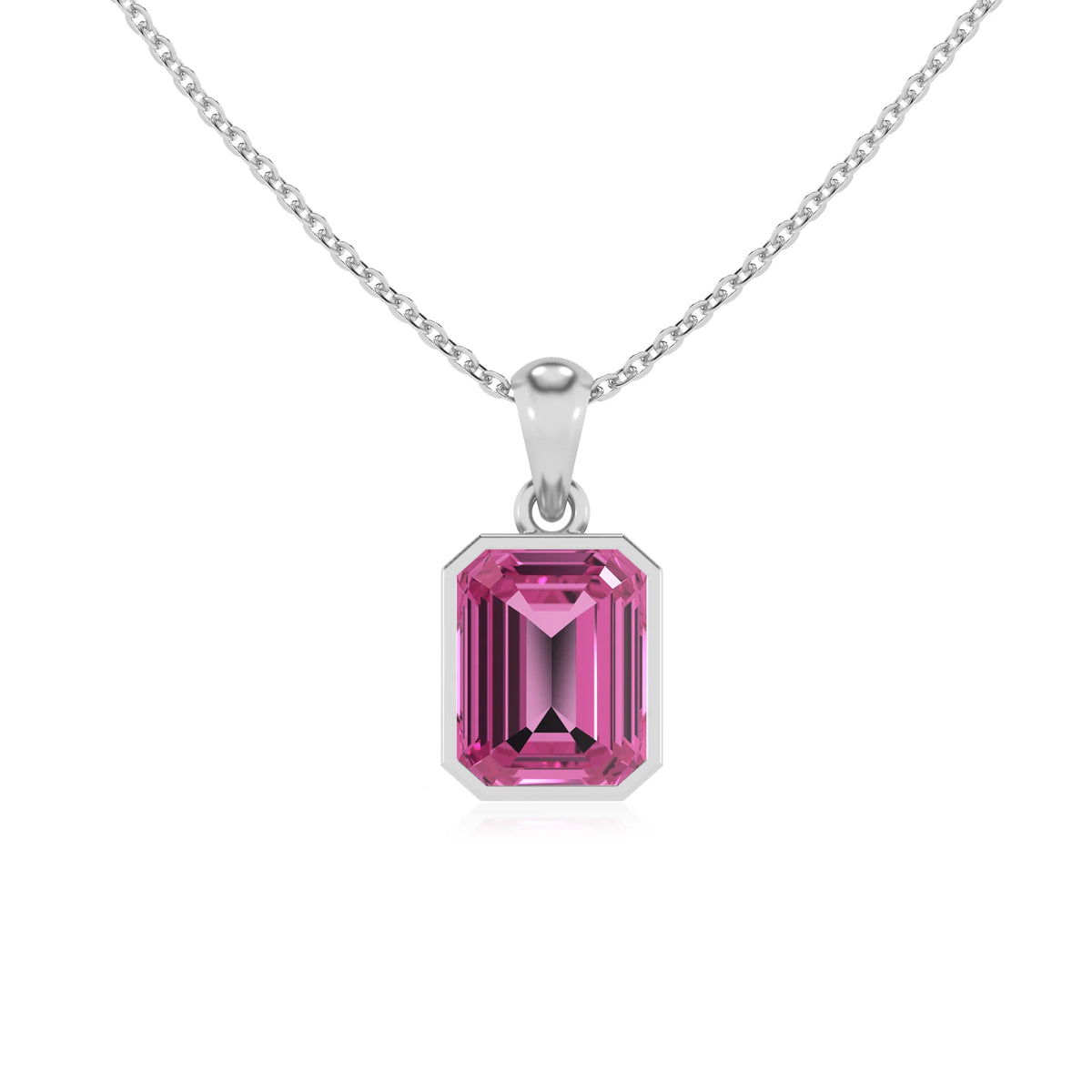 lab grown pink-sapphire emerald cut solitaire necklaces in white gold 
