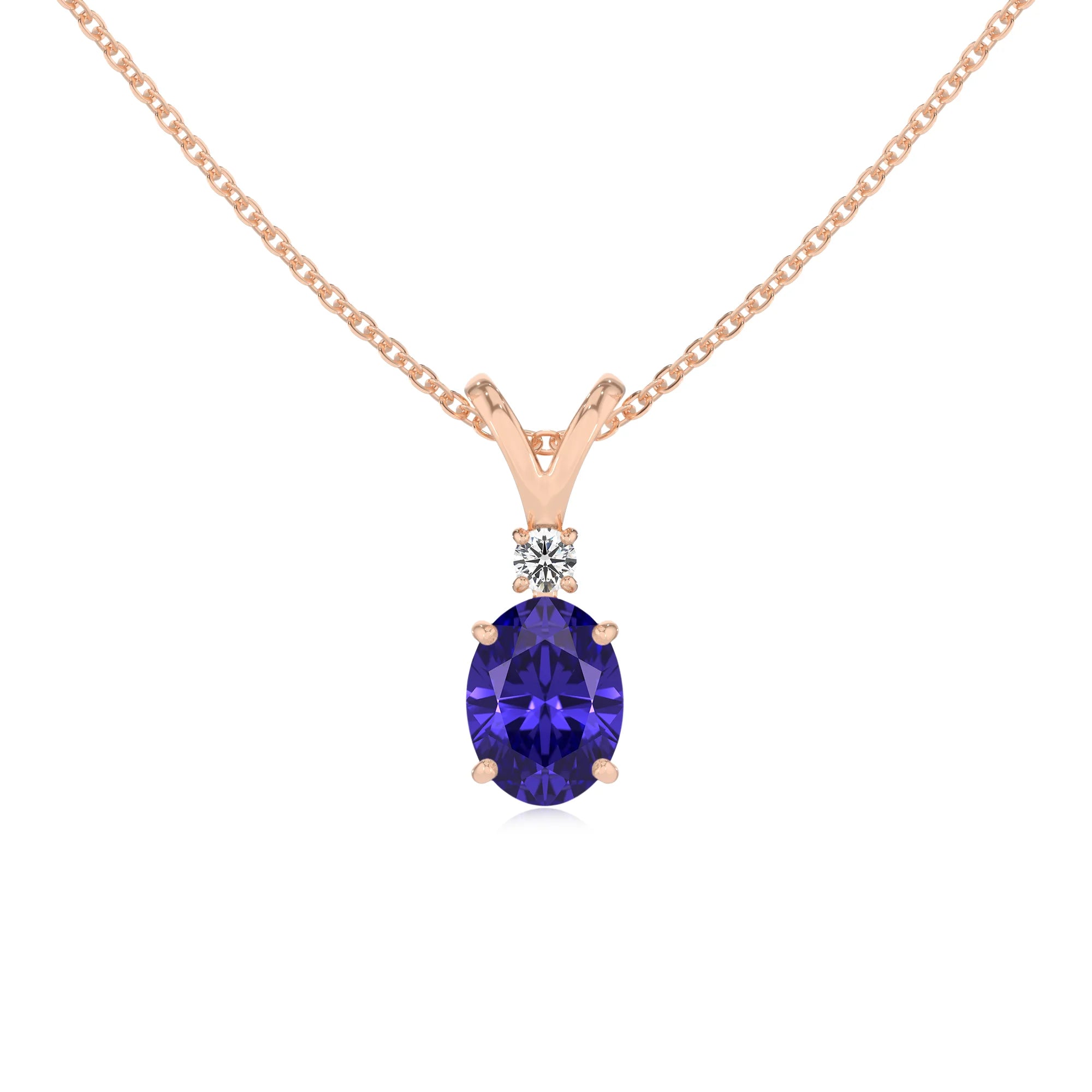 lab grown tanzanite oval solitaire v-bale necklaces in rose gold 