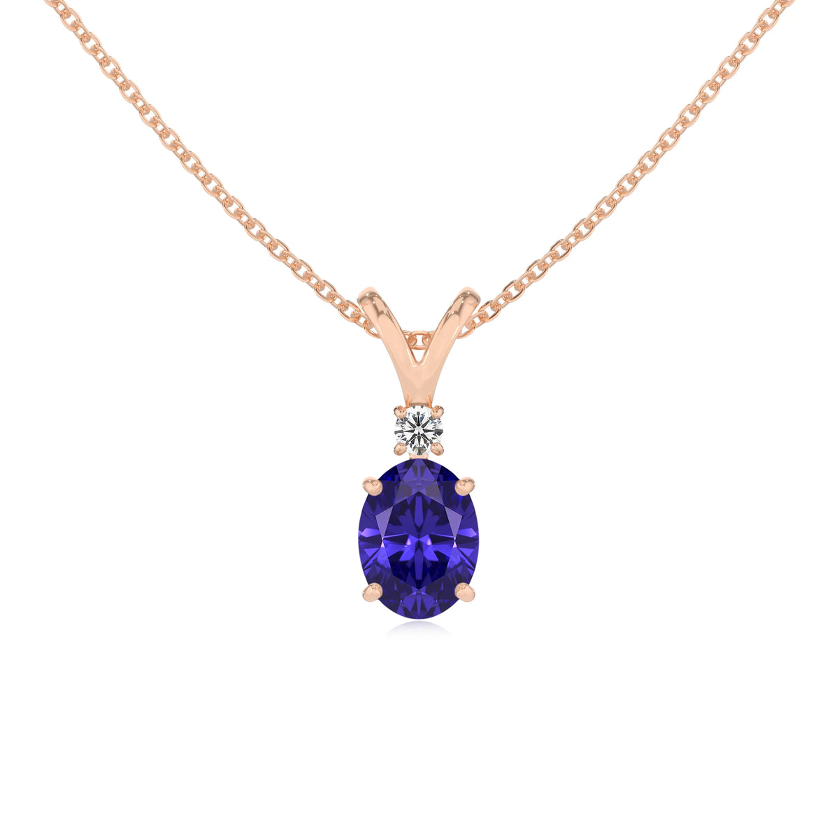 lab grown tanzanite oval solitaire v-bale necklaces in rose gold 