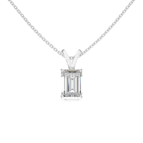 Lab Grown Moissanite Emerald-Cut Solitaire V-Bale Pendant Necklace with 18" Chain