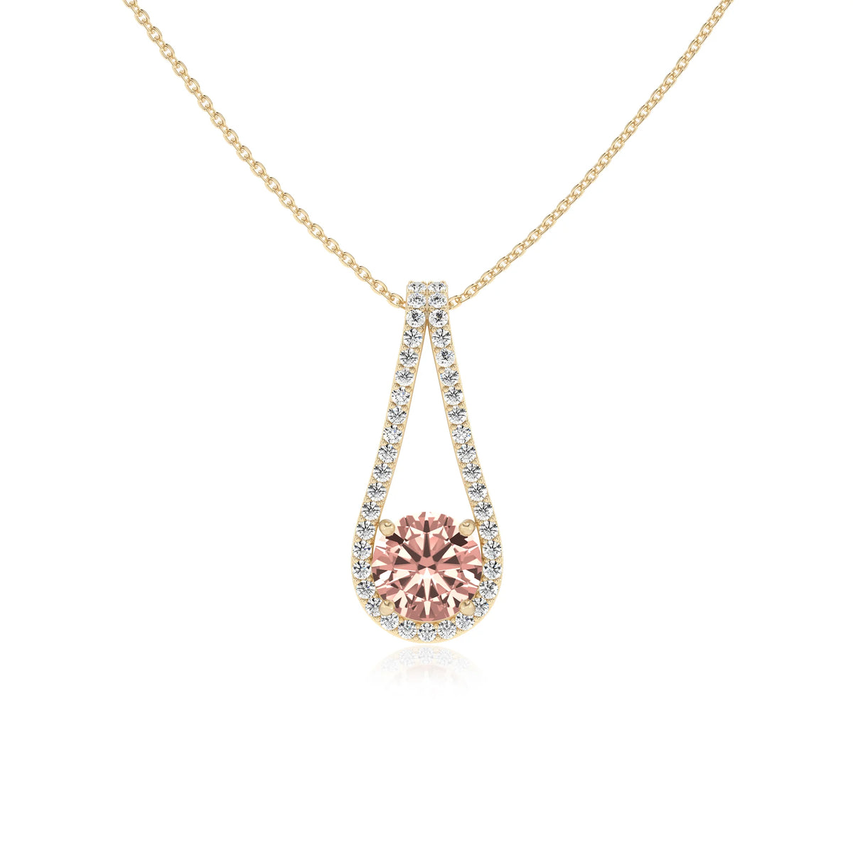 lab grown morganite round solitaire v-bale necklaces in yellow gold 