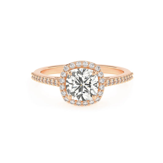 lab grown moissanite cushion solitaire rings in rose gold 