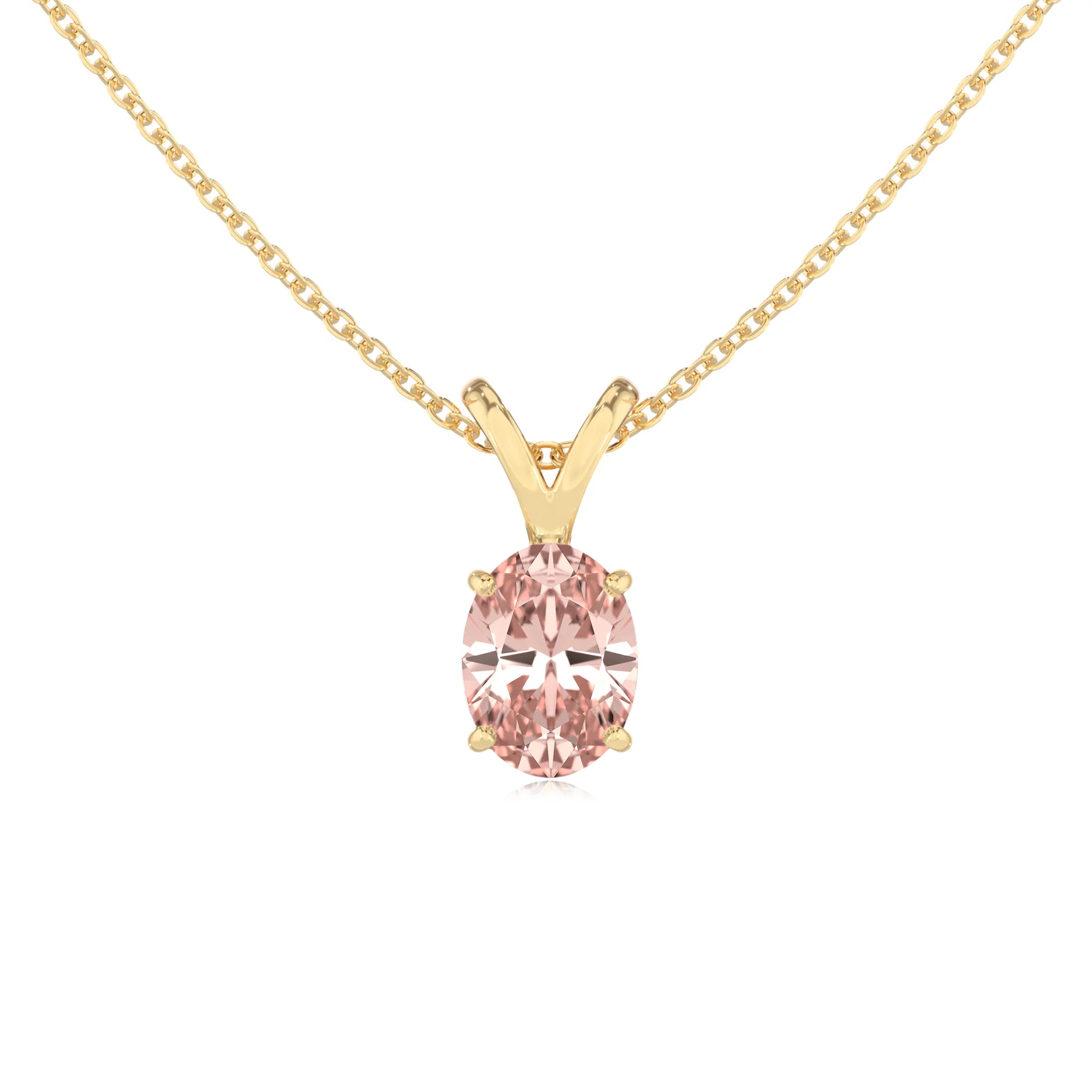 lab grown morganite oval solitaire v-bale necklaces in yellow gold 