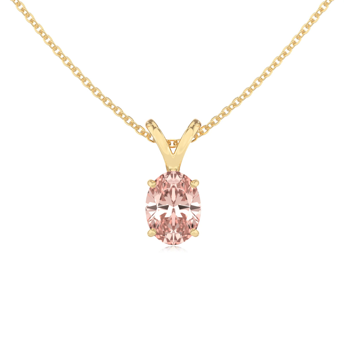 lab grown morganite oval solitaire v-bale necklaces in yellow gold 
