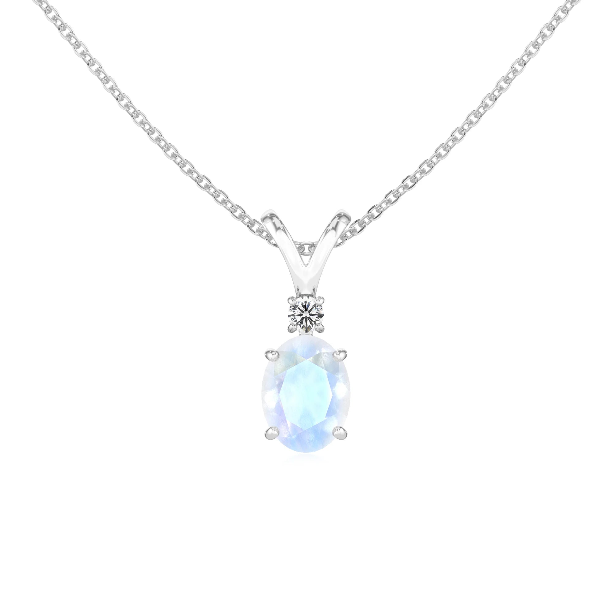 natural rainbow-moonstone oval solitaire v-bale necklaces in white gold 