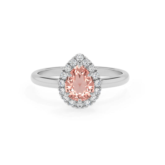 lab grown morganite pear solitaire rings in sterling silver 