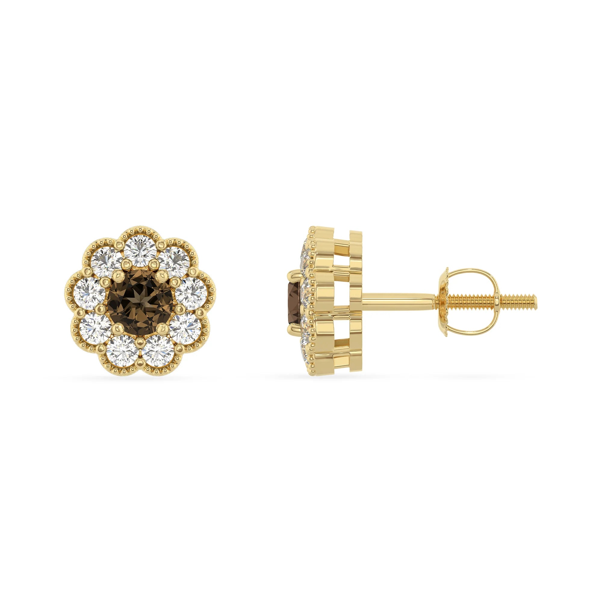 natural smoky quartz round stud earrings in yellow gold 