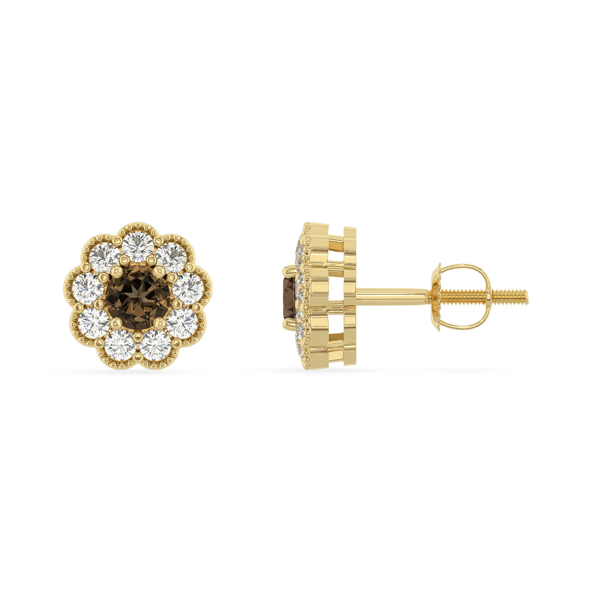 natural smoky quartz round stud earrings in yellow gold 