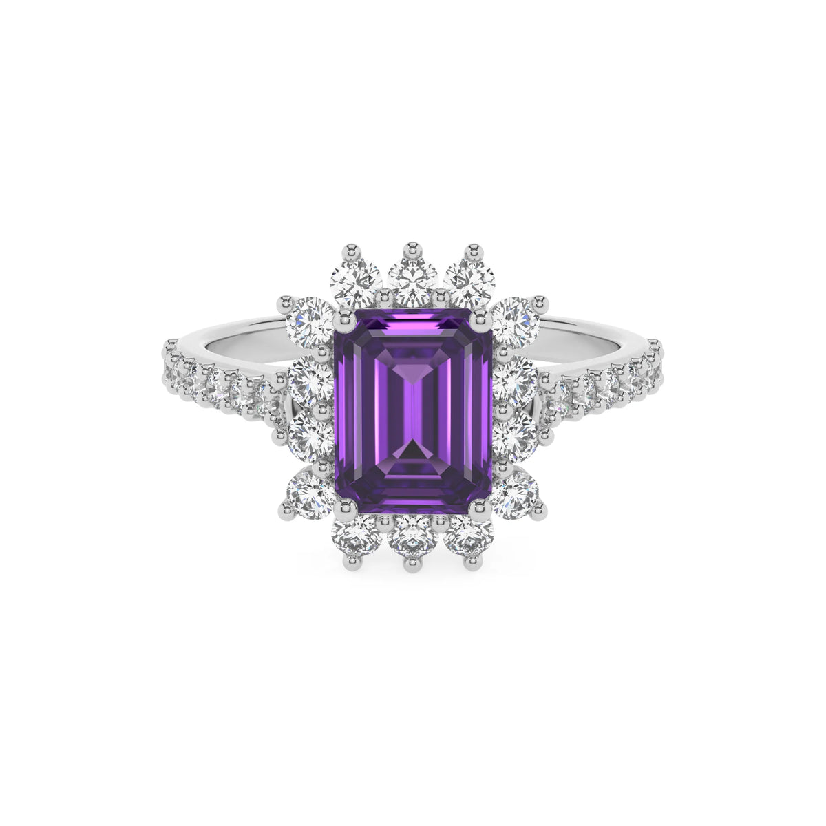 lab grown amethyst emerald cut solitaire rings in sterling silver 