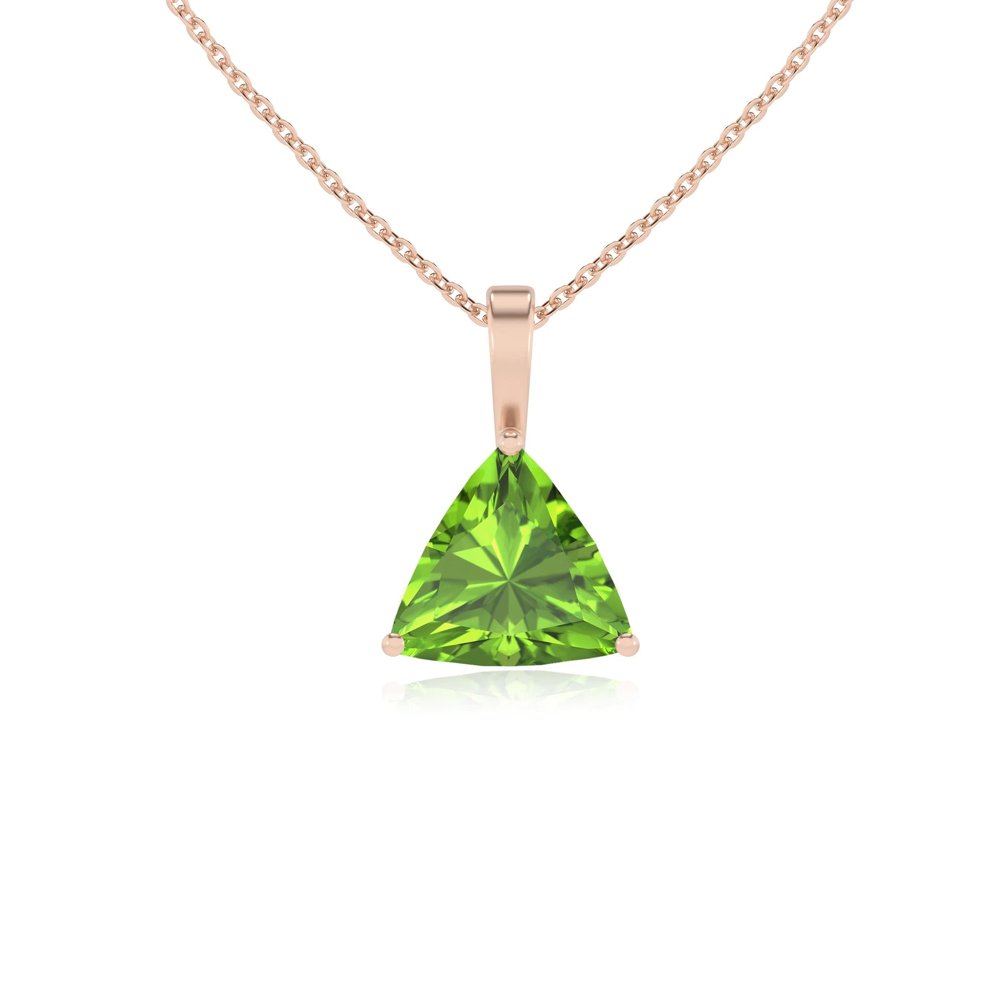 natural peridot trillion solitaire necklaces in rose gold 